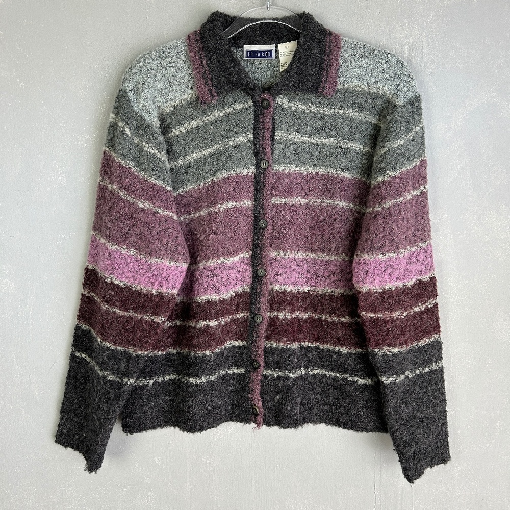 Vintage Erika & Co size L collared knit cardigan wool blend striped pink gray